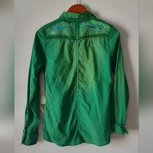 Green rhinestone sequenced roar button down